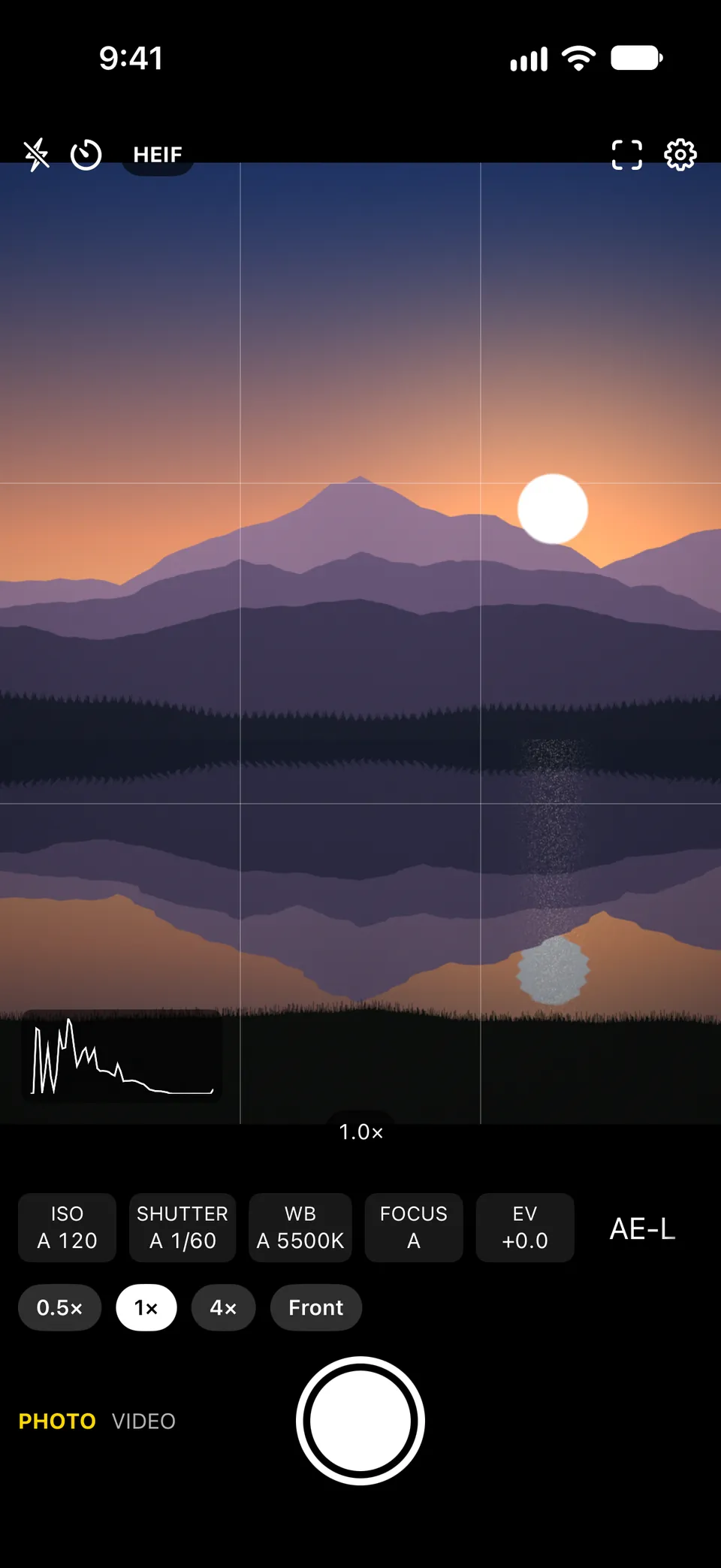 The main camera screen on an iPhone: live histogram, the manual control row (ISO, shutter, WB, focus, EV), PHOTO and VIDEO modes and the shutter button.