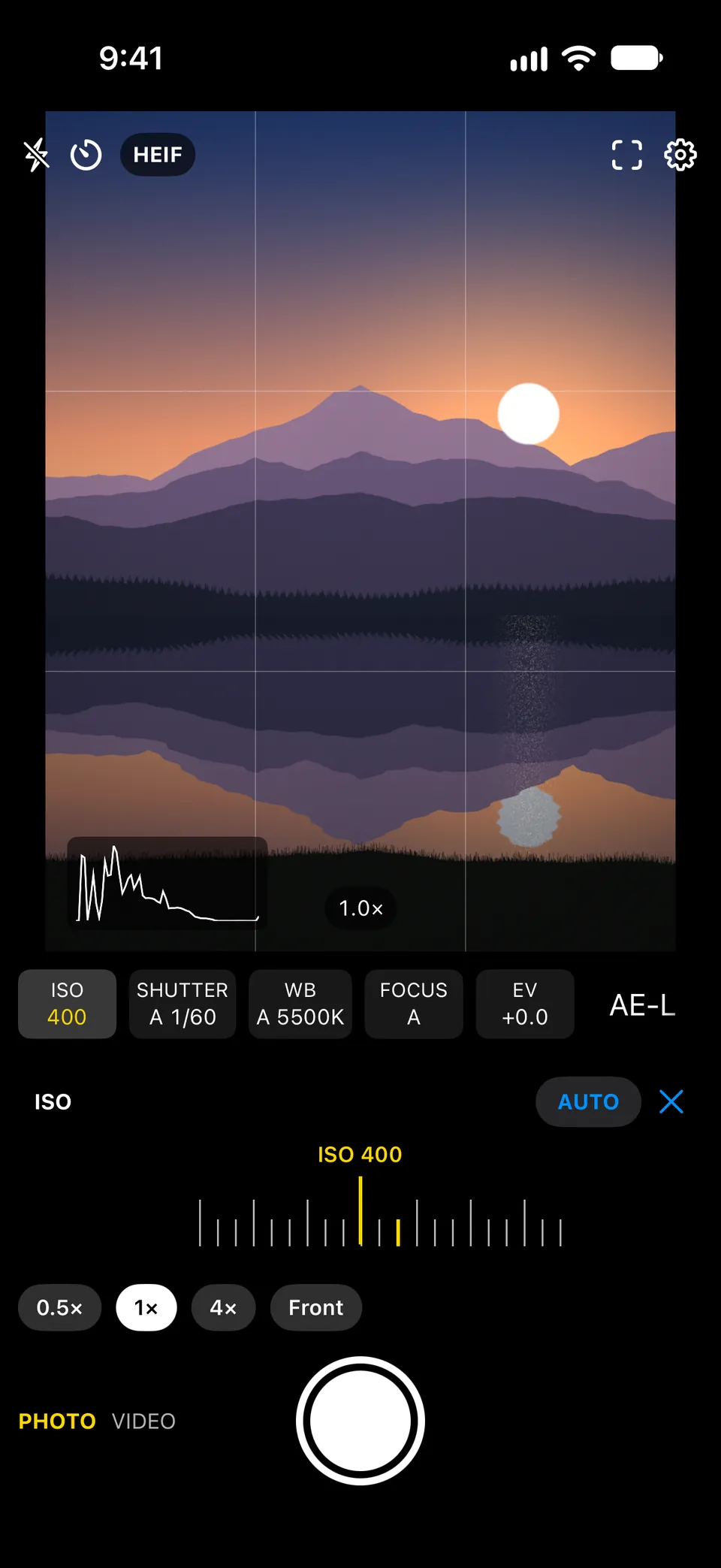 With ISO selected, a ruler dial sits under the viewfinder, here set to ISO 400.