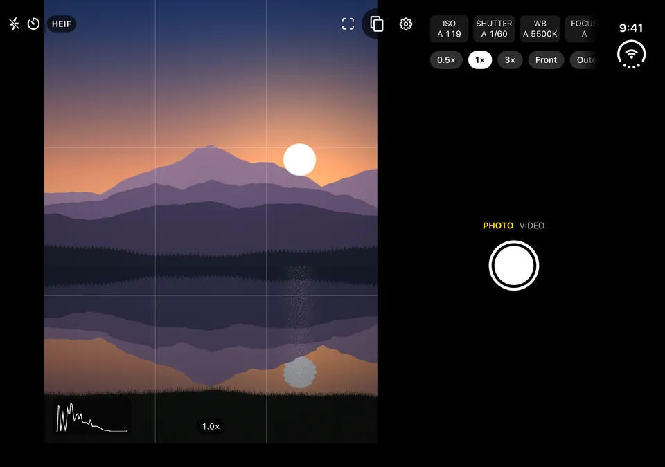 An iPhone Duo open: the viewfinder and manual controls on the inner screen while a photo is shown on the cover screen.